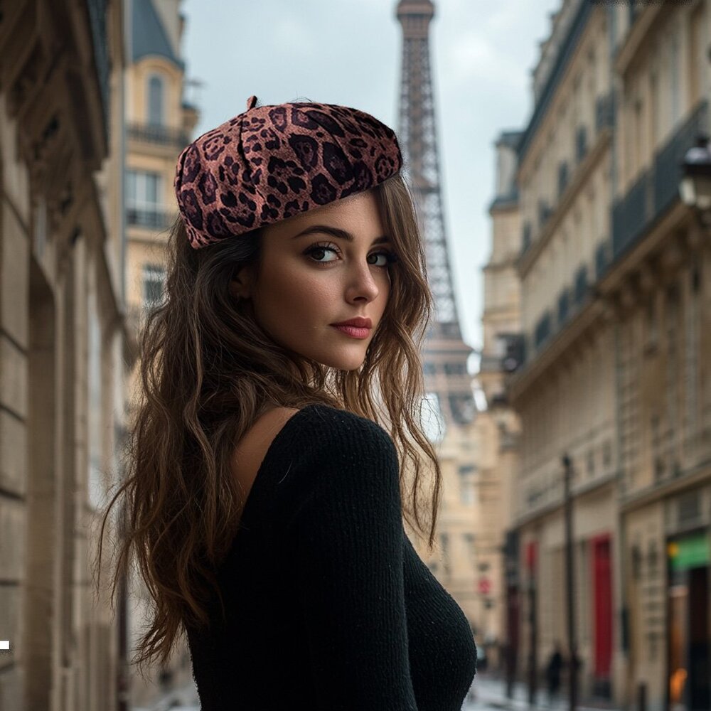 French Beret Hat Leopard Print Brown for Women